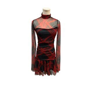 Amanda Uprichard XS Red & Black Mesh Ruched Mini Dress  - EUC